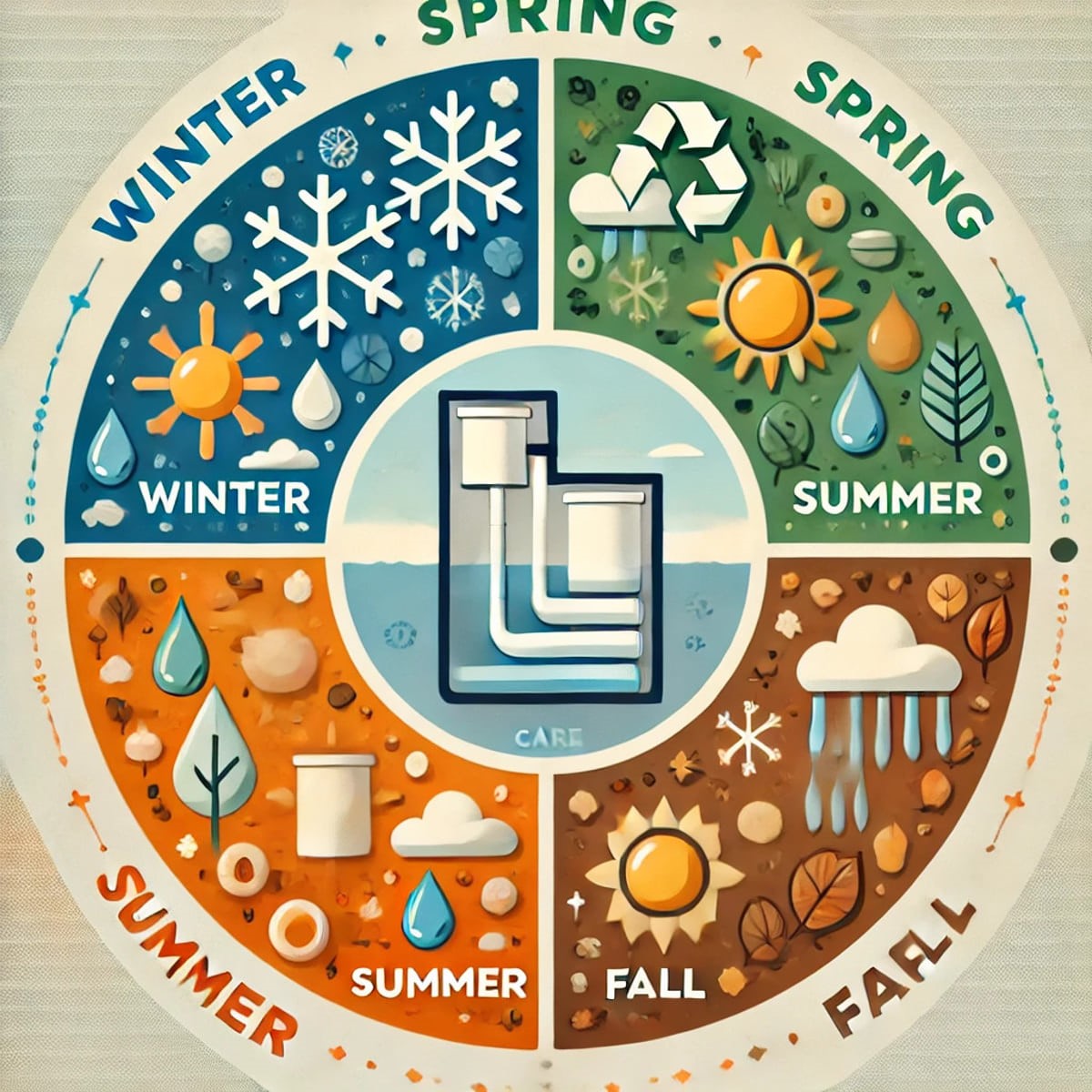 Infographic showing septic tank care tips for all four seasons in a circular design, featuring winter, spring, summer, and fall maintenance advice.