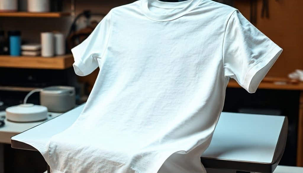 A plain cotton shirt being transformed with a vibrant DTF transfer in a professional workspace.