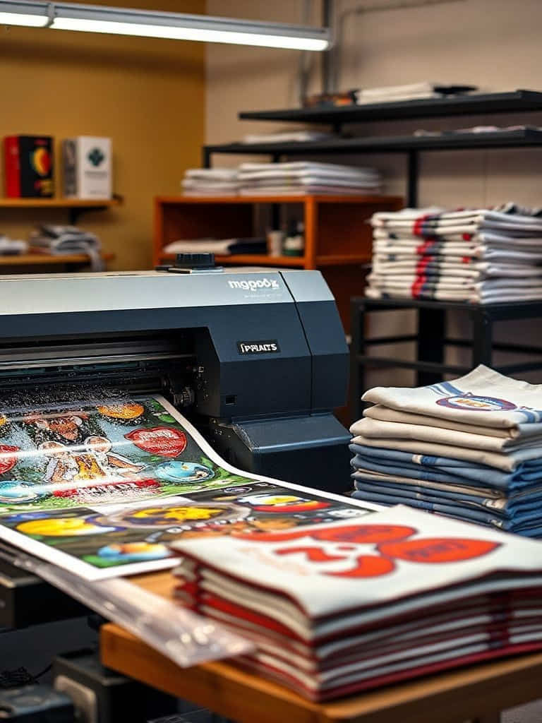 A professional print shop in Dallas, showing a DTF printer in action and adhesive powder application.